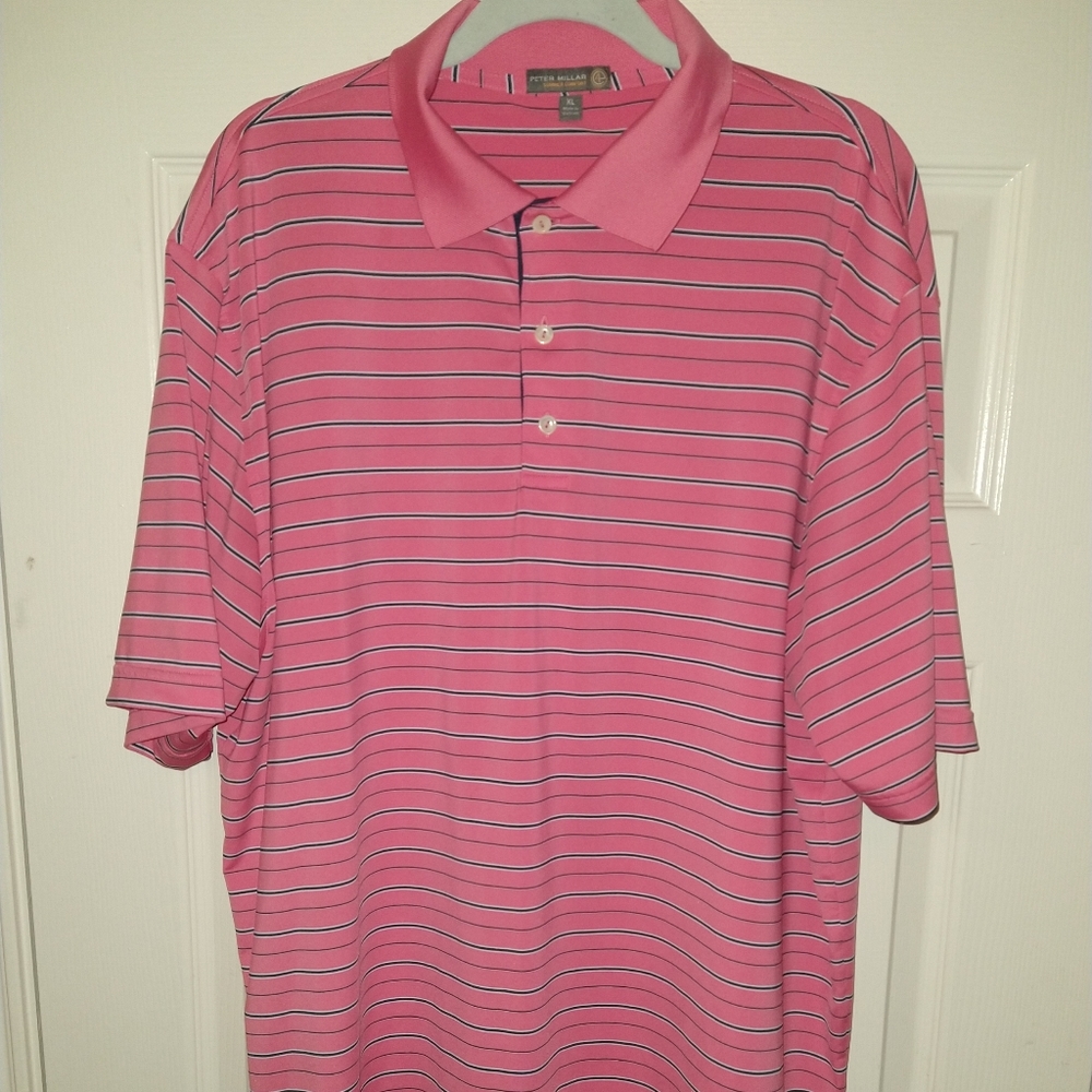 Peter Millar Summer Comfort Pink Striped Short Sleeve Polo Shirt Men's sz XL